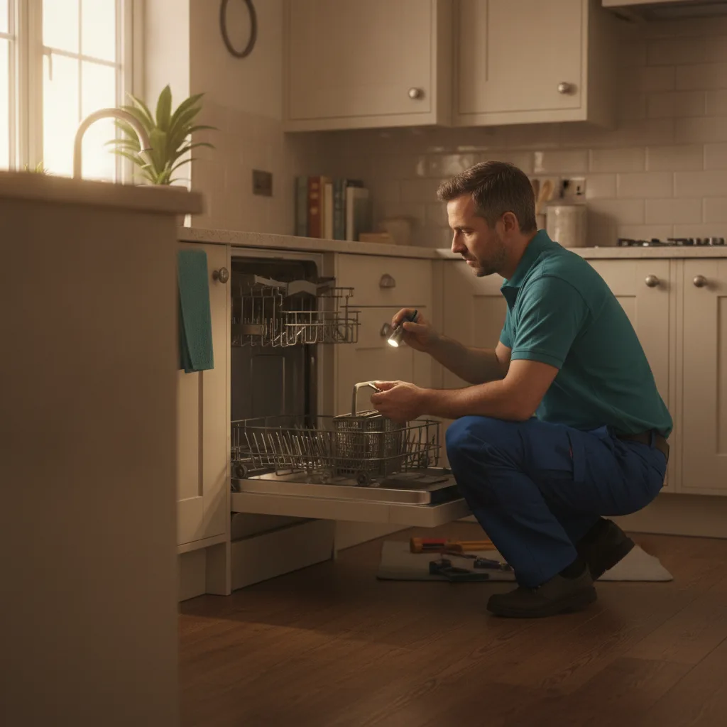 Appliance repair engineer inspecting an open dishwasher in a home kitchen