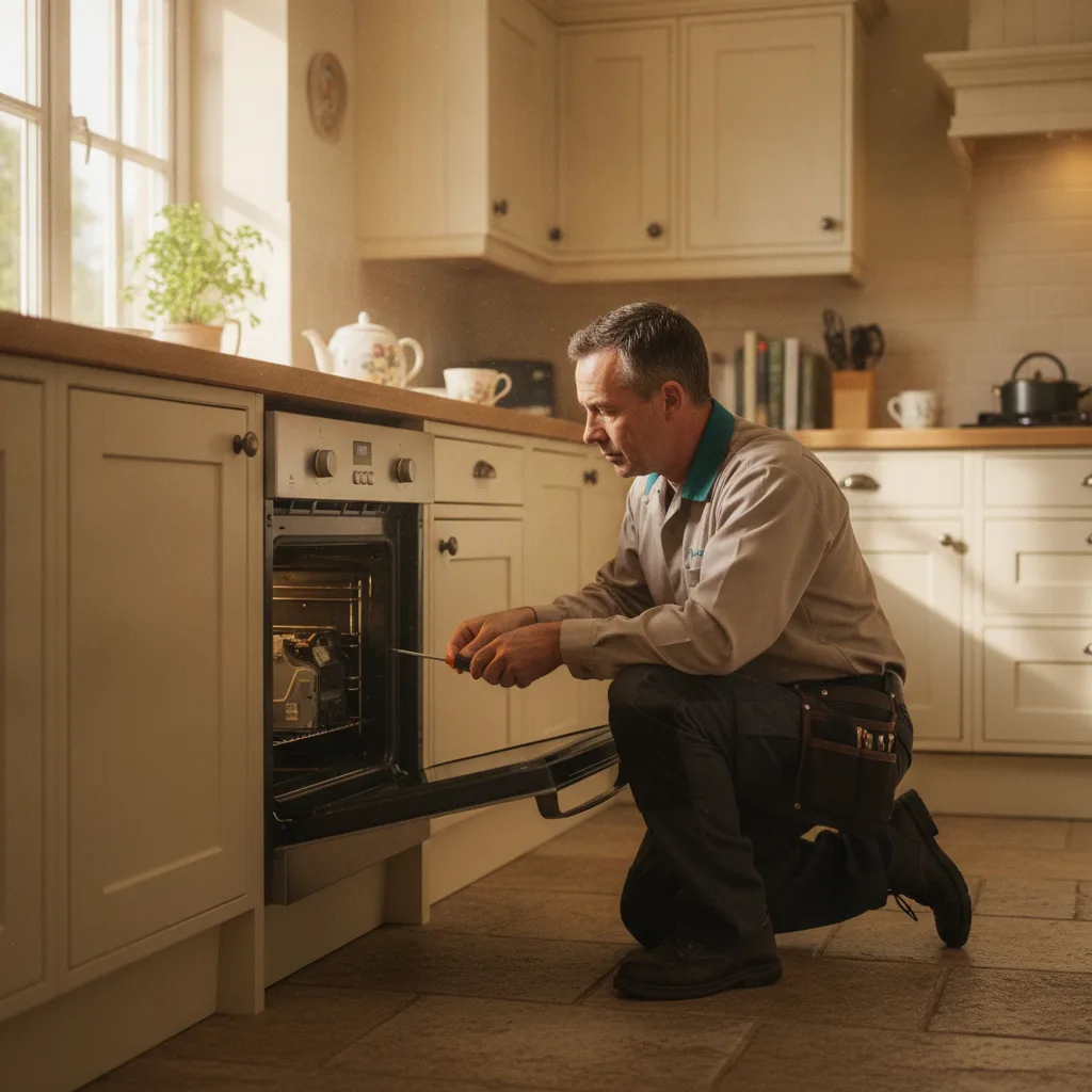 Appliance repair engineer working on an open electric oven in a home kitchen
