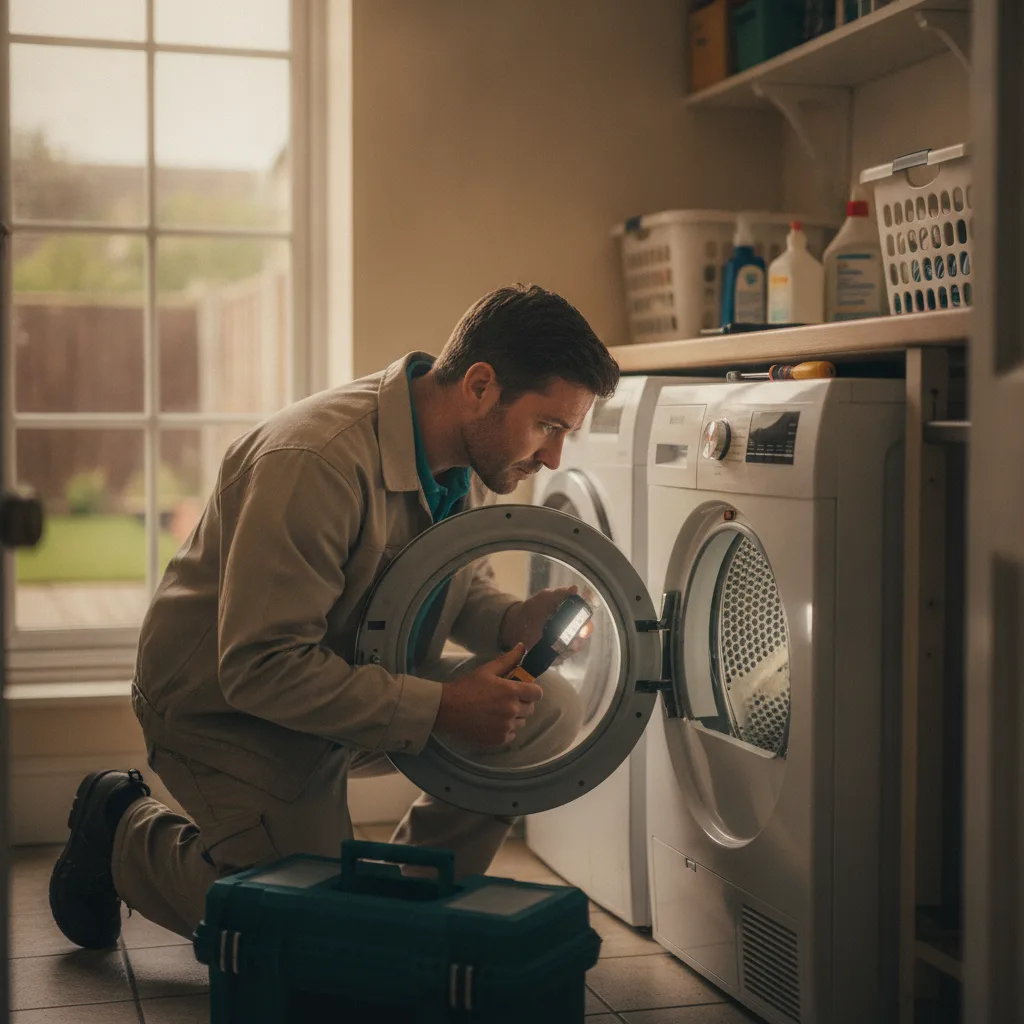Appliance repair engineer inspecting the drum of an open tumble dryer