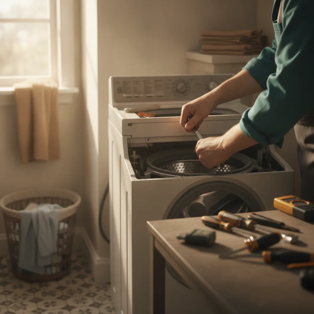 Appliance repair engineer working on an open washing machine drum